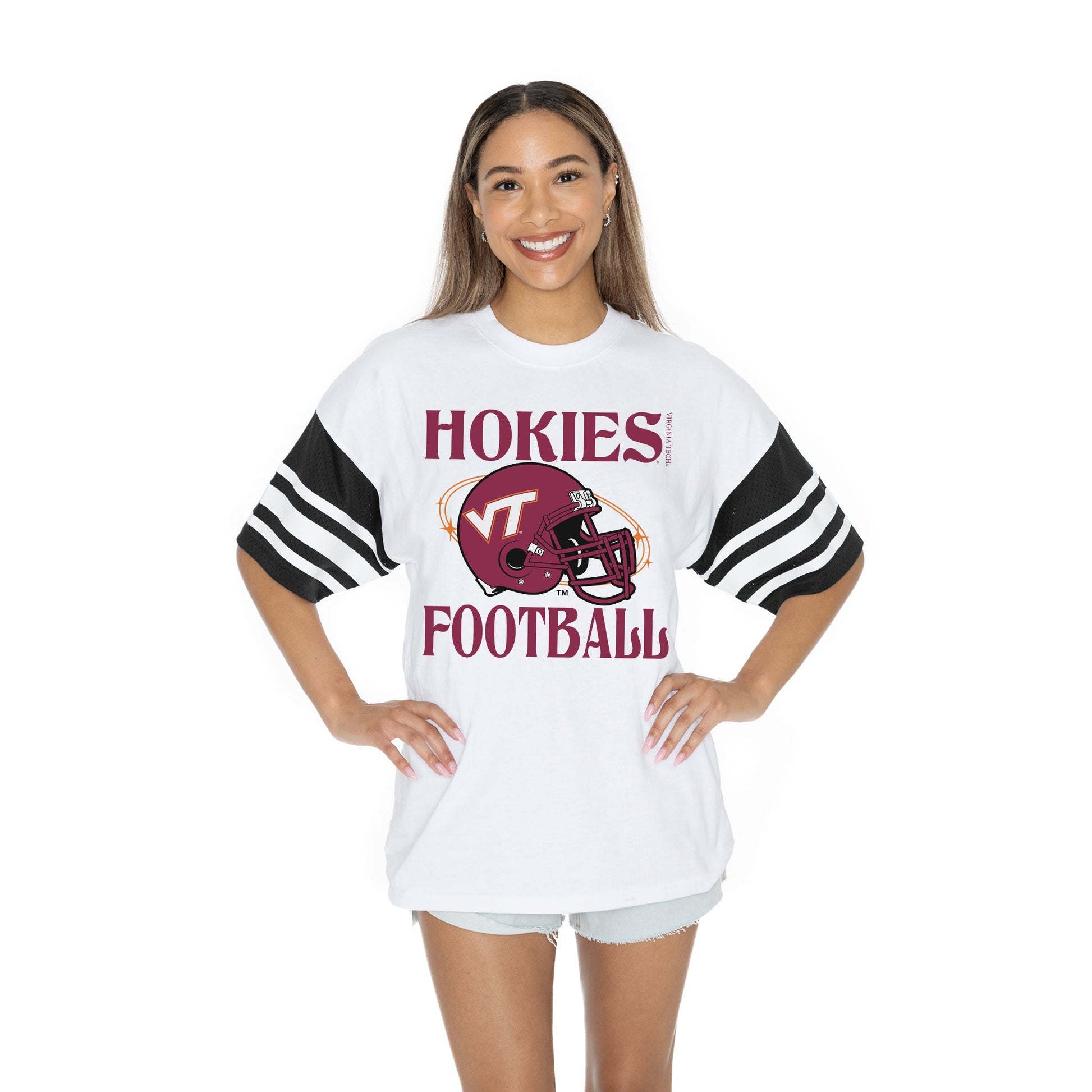 VIRGINIA TECH HOKIES STARTING LINEUP BOLD CONTRAST, OVERSIZED, SPORTY HERITAGE-STRIPED TEE WITH JERSEY MESH SHORT SLEEVES AND RIBBED NECKLINE