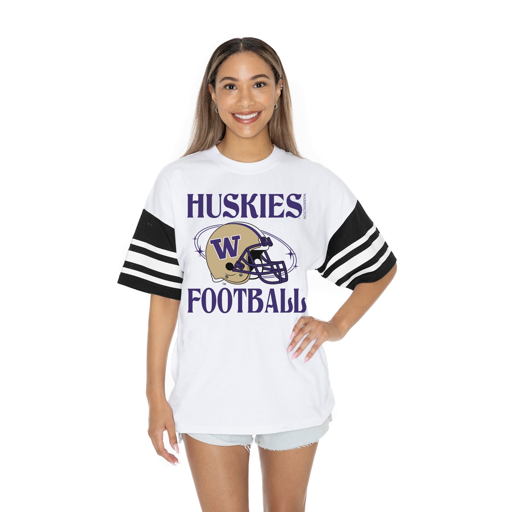 WASHINGTON HUSKIES STARTING LINEUP BOLD CONTRAST, OVERSIZED, SPORTY HERITAGE-STRIPED TEE WITH JERSEY MESH SHORT SLEEVES AND RIBBED NECKLINE