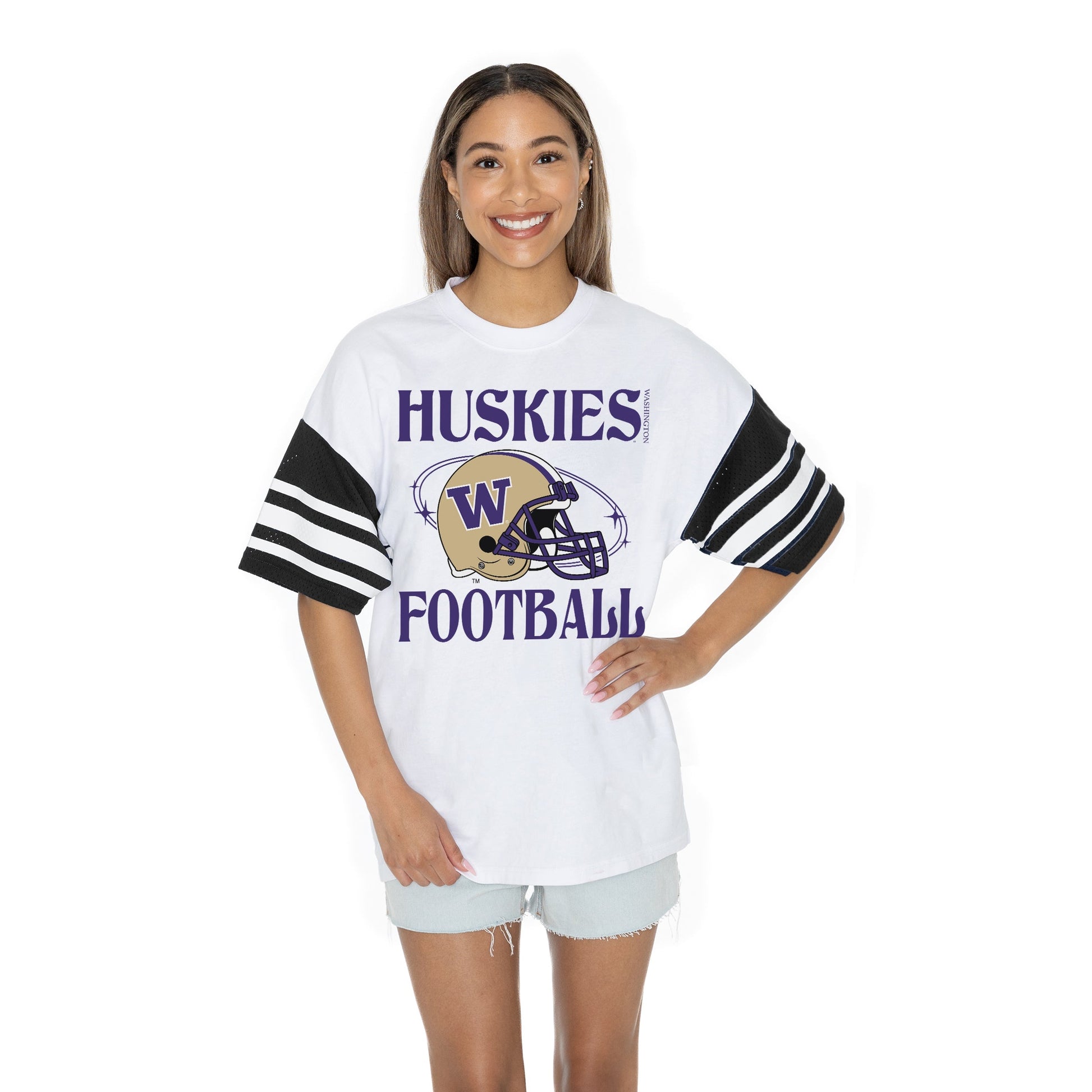 WASHINGTON HUSKIES STARTING LINEUP BOLD CONTRAST, OVERSIZED, SPORTY HERITAGE-STRIPED TEE WITH JERSEY MESH SHORT SLEEVES AND RIBBED NECKLINE