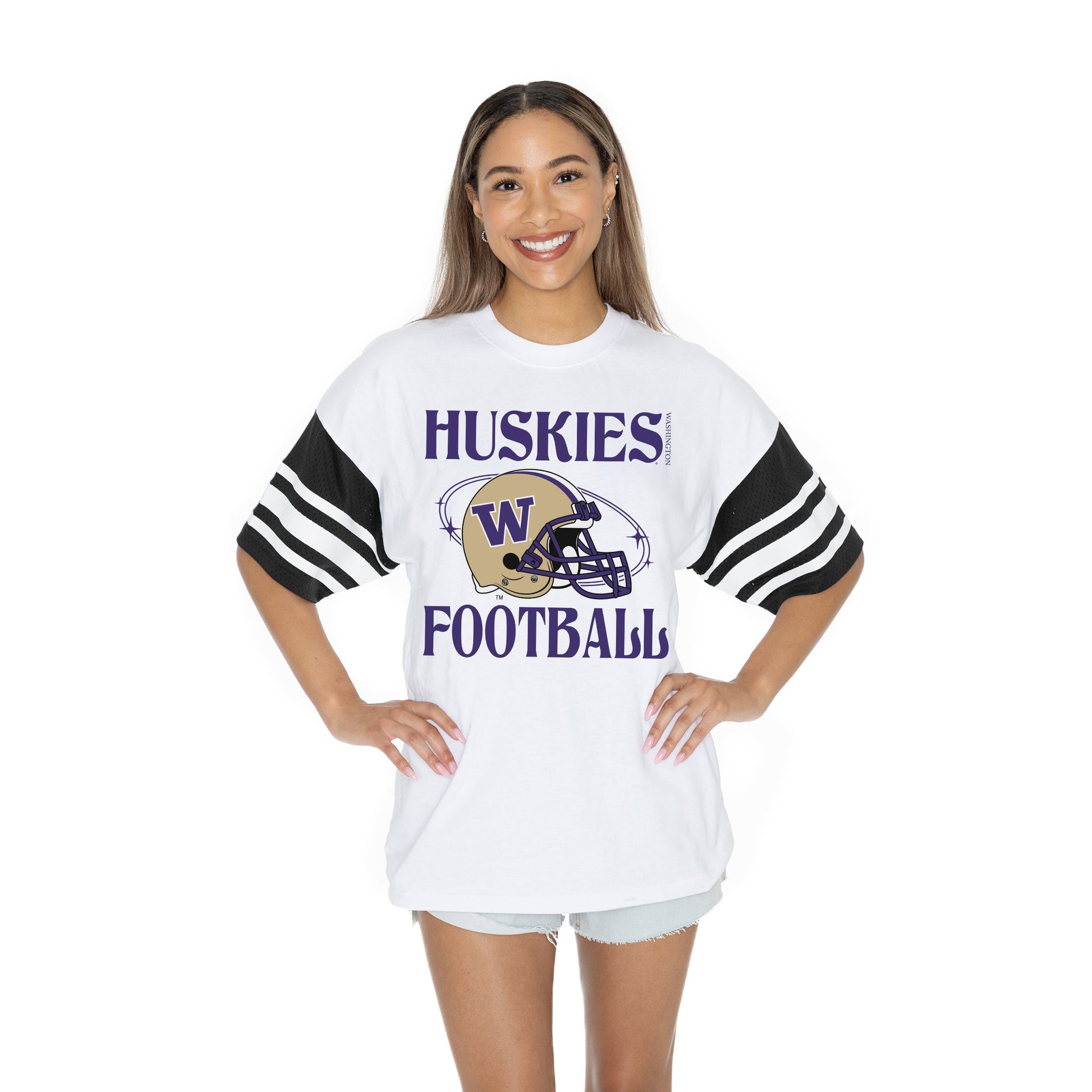 WASHINGTON HUSKIES STARTING LINEUP BOLD CONTRAST, OVERSIZED, SPORTY HERITAGE-STRIPED TEE WITH JERSEY MESH SHORT SLEEVES AND RIBBED NECKLINE