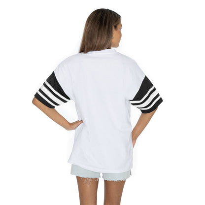 WASHINGTON HUSKIES STARTING LINEUP BOLD CONTRAST, OVERSIZED, SPORTY HERITAGE-STRIPED TEE WITH JERSEY MESH SHORT SLEEVES AND RIBBED NECKLINE