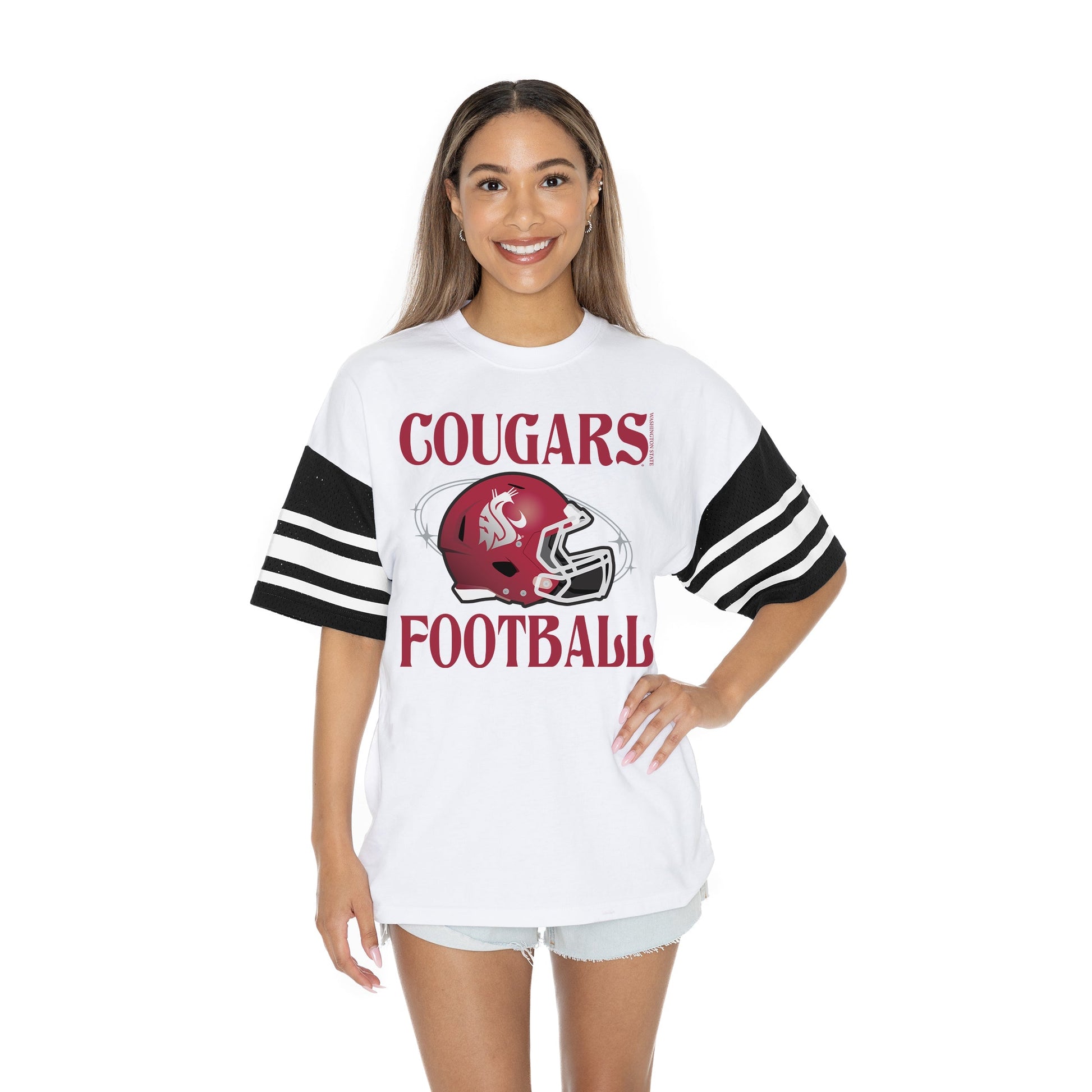 WASHINGTON STATE COUGARS STARTING LINEUP BOLD CONTRAST, OVERSIZED, SPORTY HERITAGE-STRIPED TEE WITH JERSEY MESH SHORT SLEEVES AND RIBBED NECKLINE