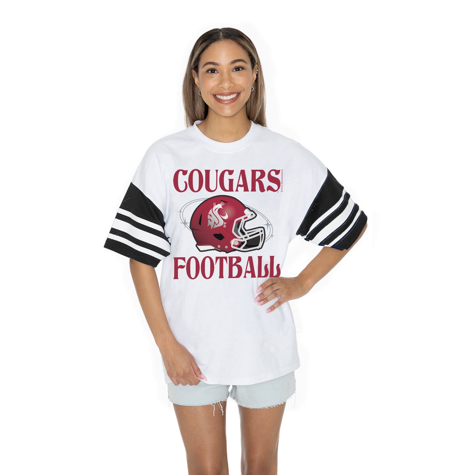 WASHINGTON STATE COUGARS STARTING LINEUP BOLD CONTRAST, OVERSIZED, SPORTY HERITAGE-STRIPED TEE WITH JERSEY MESH SHORT SLEEVES AND RIBBED NECKLINE