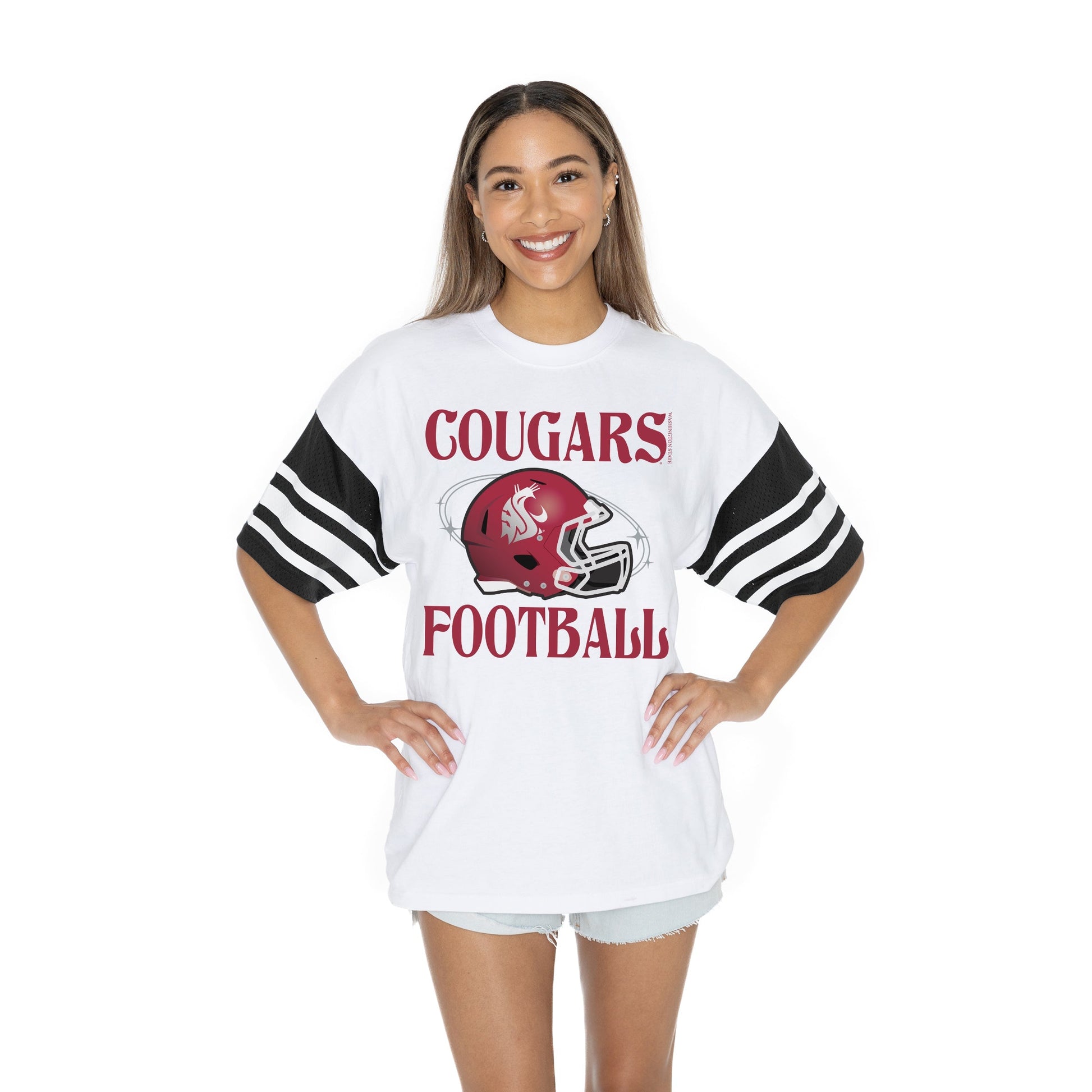 WASHINGTON STATE COUGARS STARTING LINEUP BOLD CONTRAST, OVERSIZED, SPORTY HERITAGE-STRIPED TEE WITH JERSEY MESH SHORT SLEEVES AND RIBBED NECKLINE