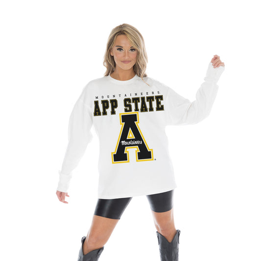 APPALACHIAN STATE MOUNTAINEERS BIG GOALS OVERSIZED MIDWEIGHT LONG SLEEVE TEE WITH RIBBED NECKLINE AND CUFFS