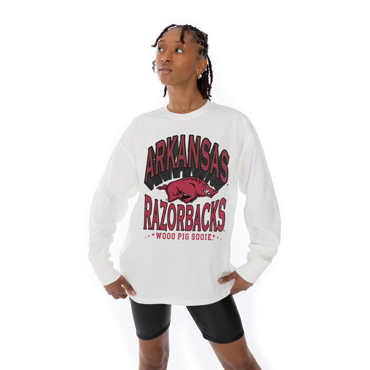 ARKANSAS RAZORBACKS TIME OUT OVERSIZED MIDWEIGHT LONG SLEEVE TEE WITH RIBBED NECKLINE AND CUFFS