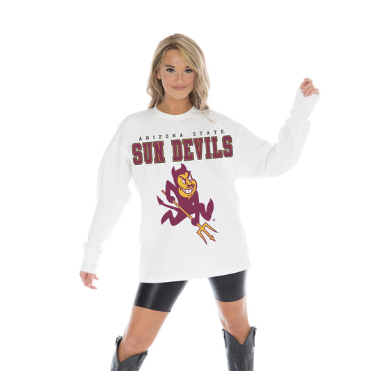 ARIZONA STATE SUN DEVILS BIG GOALS OVERSIZED MIDWEIGHT LONG SLEEVE TEE WITH RIBBED NECKLINE AND CUFFS