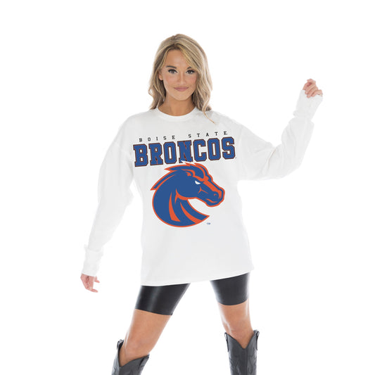 BOISE STATE BRONCOS BIG GOALS OVERSIZED MIDWEIGHT LONG SLEEVE TEE WITH RIBBED NECKLINE AND CUFFS