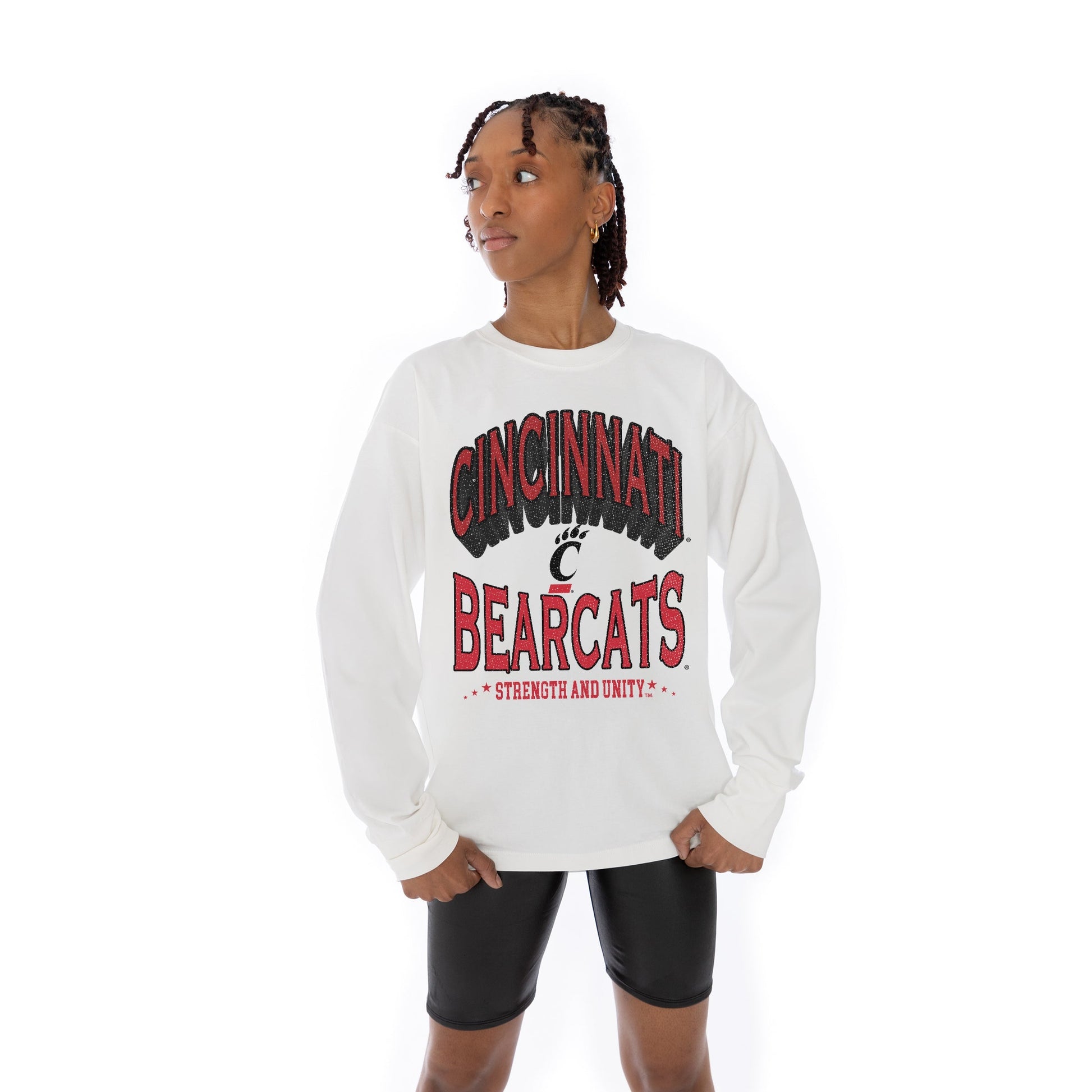 CINCINNATI BEARCATS TIME OUT OVERSIZED MIDWEIGHT LONG SLEEVE TEE WITH RIBBED NECKLINE AND CUFFS