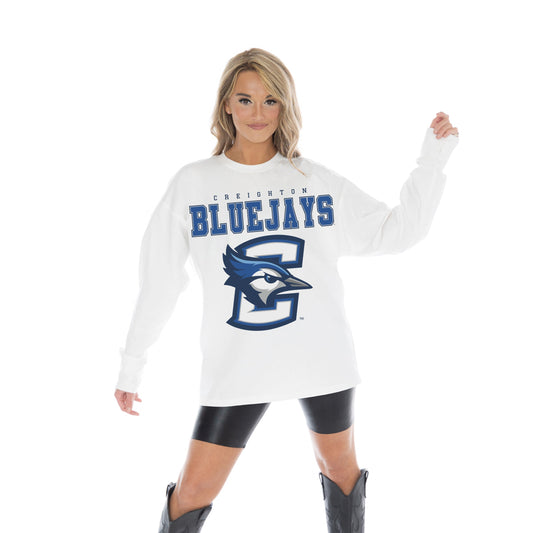 CREIGHTON BLUEJAYS BIG GOALS OVERSIZED MIDWEIGHT LONG SLEEVE TEE WITH RIBBED NECKLINE AND CUFFS