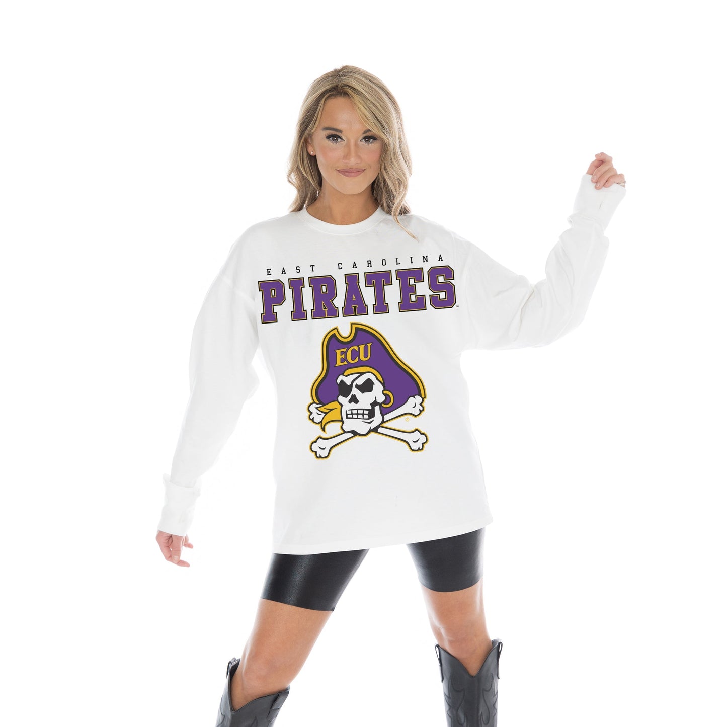 EAST CAROLINA PIRATES BIG GOALS OVERSIZED MIDWEIGHT LONG SLEEVE TEE WITH RIBBED NECKLINE AND CUFFS