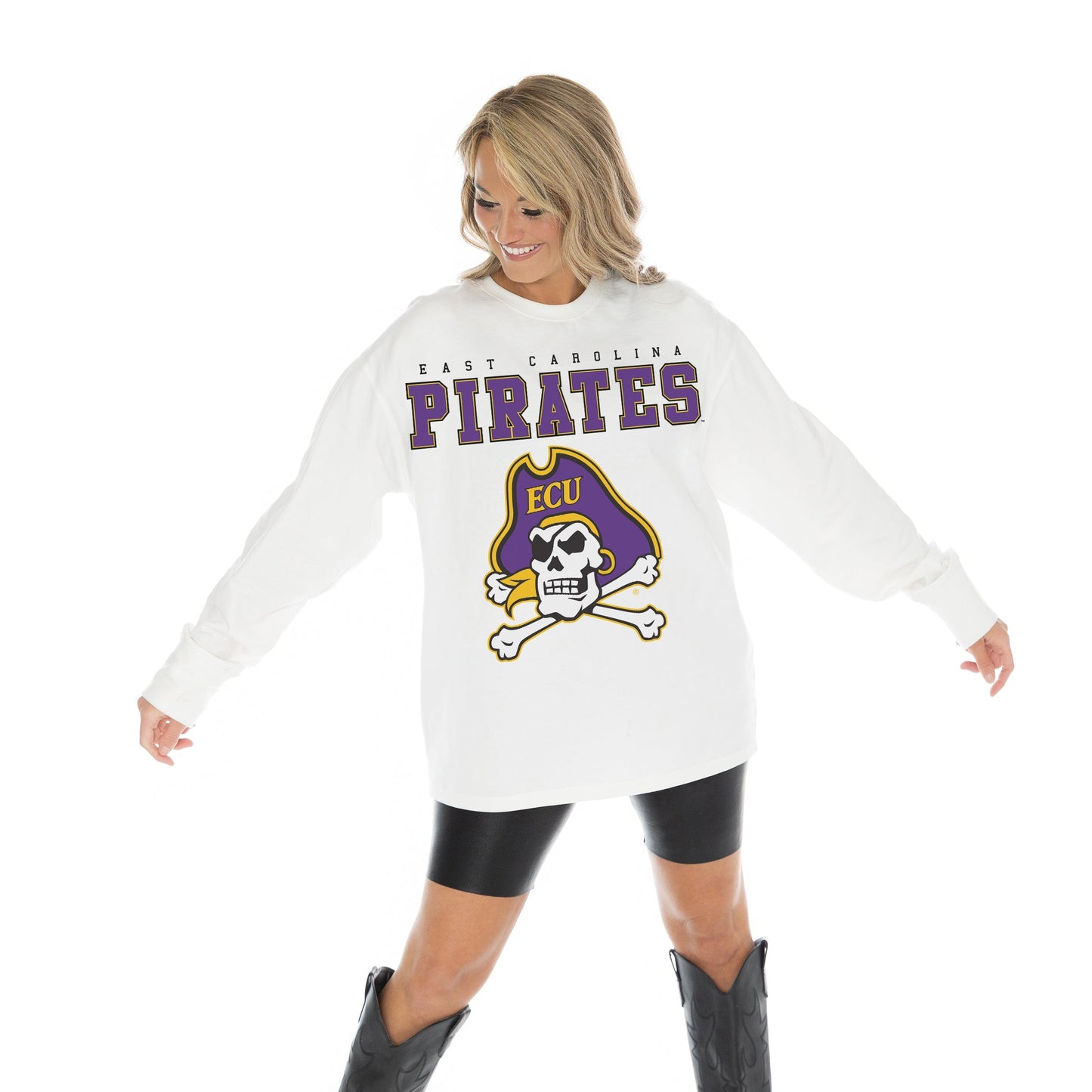 EAST CAROLINA PIRATES BIG GOALS OVERSIZED MIDWEIGHT LONG SLEEVE TEE WITH RIBBED NECKLINE AND CUFFS