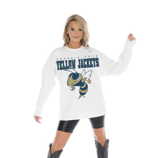 GEORGIA TECH YELLOW JACKETS BIG GOALS OVERSIZED MIDWEIGHT LONG SLEEVE TEE WITH RIBBED NECKLINE AND CUFFS