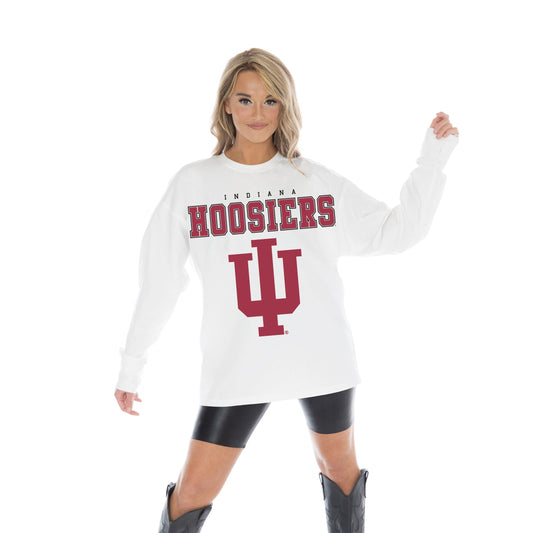 INDIANA HOOSIERS BIG GOALS OVERSIZED MIDWEIGHT LONG SLEEVE TEE WITH RIBBED NECKLINE AND CUFFS