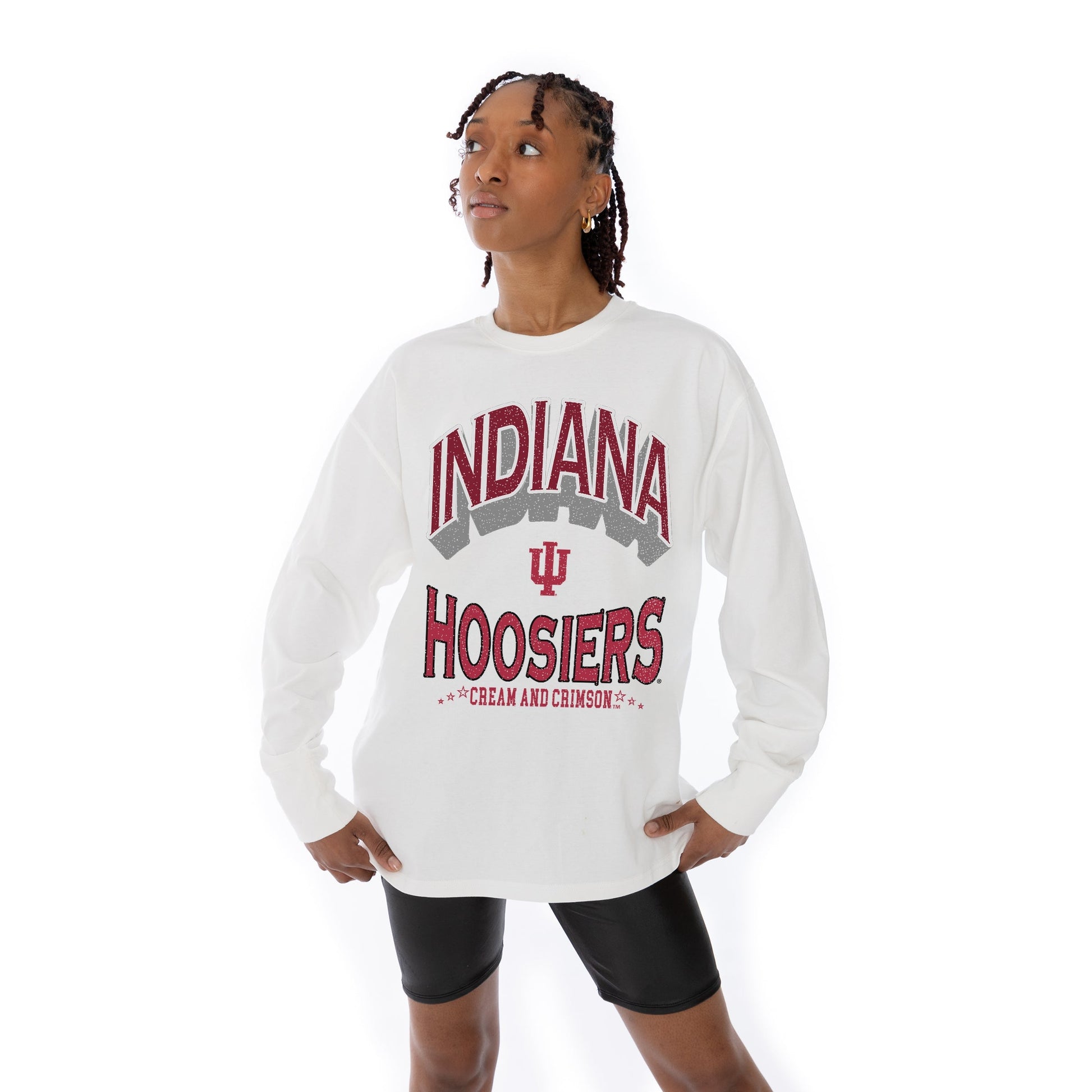 INDIANA HOOSIERS TIME OUT OVERSIZED MIDWEIGHT LONG SLEEVE TEE WITH RIBBED NECKLINE AND CUFFS