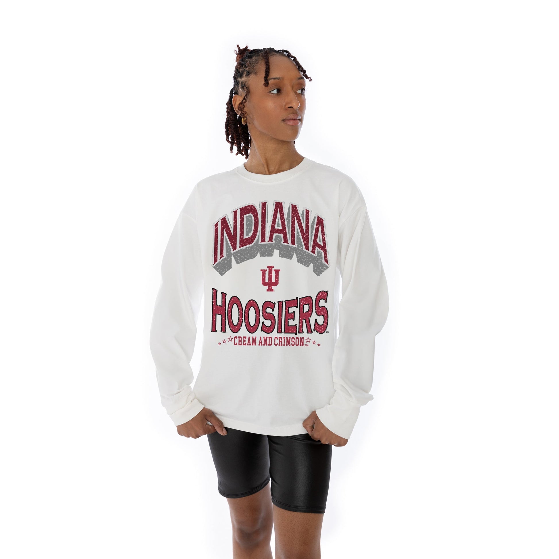 INDIANA HOOSIERS TIME OUT OVERSIZED MIDWEIGHT LONG SLEEVE TEE WITH RIBBED NECKLINE AND CUFFS