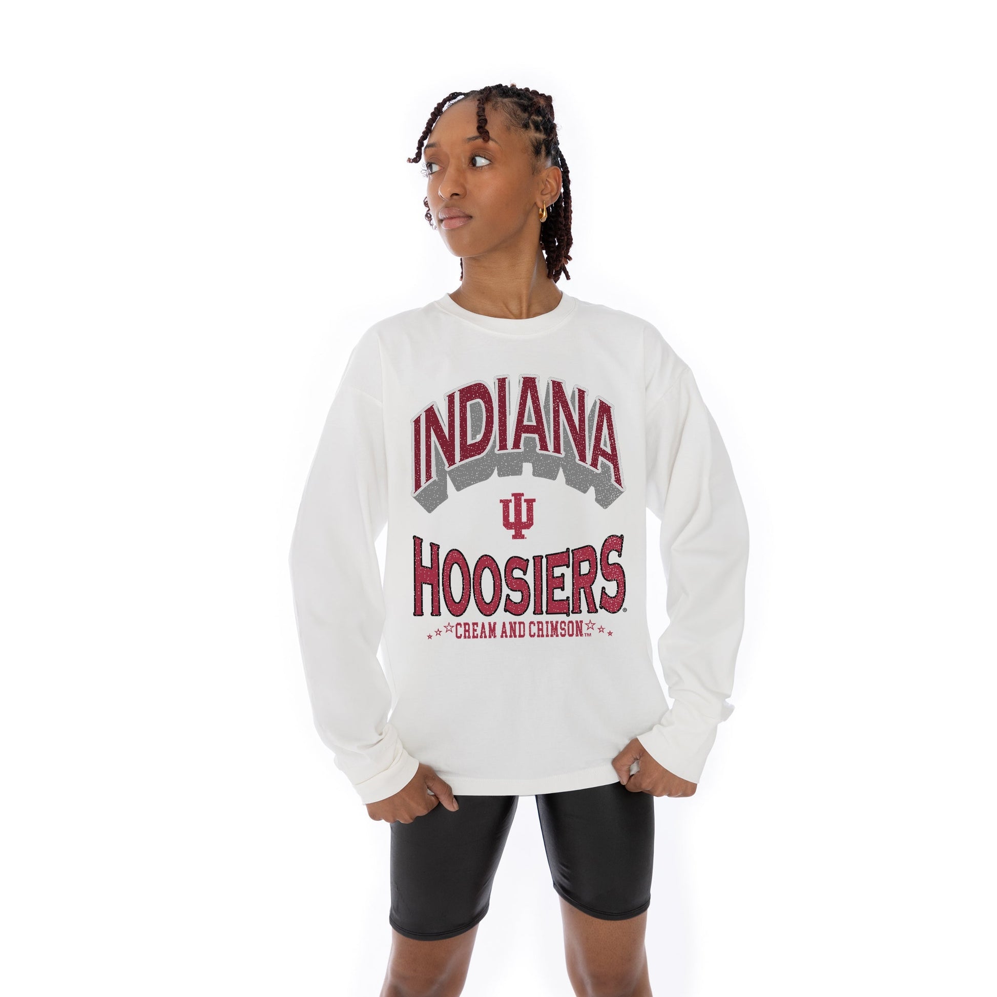 INDIANA HOOSIERS TIME OUT OVERSIZED MIDWEIGHT LONG SLEEVE TEE WITH RIBBED NECKLINE AND CUFFS