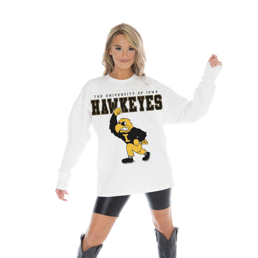 IOWA HAWKEYES BIG GOALS OVERSIZED MIDWEIGHT LONG SLEEVE TEE WITH RIBBED NECKLINE AND CUFFS