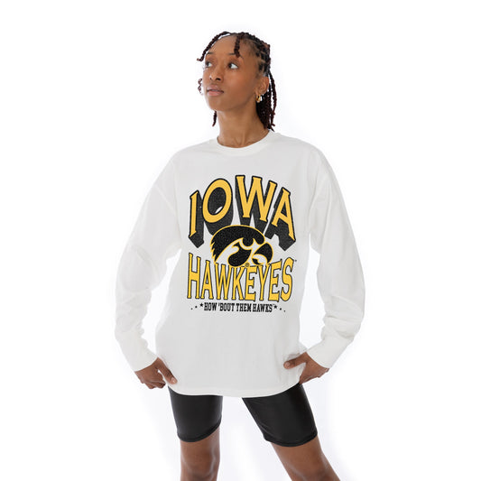 IOWA HAWKEYES TIME OUT OVERSIZED MIDWEIGHT LONG SLEEVE TEE WITH RIBBED NECKLINE AND CUFFS