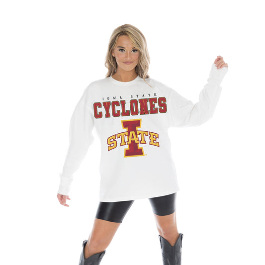 IOWA STATE CYCLONES BIG GOALS OVERSIZED MIDWEIGHT LONG SLEEVE TEE WITH RIBBED NECKLINE AND CUFFS
