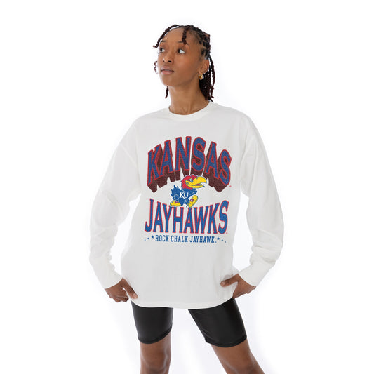KANSAS JAYHAWKS TIME OUT OVERSIZED MIDWEIGHT LONG SLEEVE TEE WITH RIBBED NECKLINE AND CUFFS