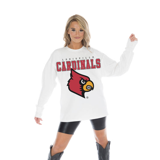 LOUISVILLE CARDINALS BIG GOALS OVERSIZED MIDWEIGHT LONG SLEEVE TEE WITH RIBBED NECKLINE AND CUFFS