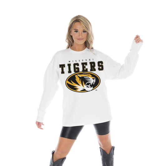 MISSOURI TIGERS BIG GOALS OVERSIZED MIDWEIGHT LONG SLEEVE TEE WITH RIBBED NECKLINE AND CUFFS