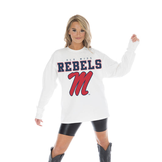 OLE MISS REBELS BIG GOALS OVERSIZED MIDWEIGHT LONG SLEEVE TEE WITH RIBBED NECKLINE AND CUFFS
