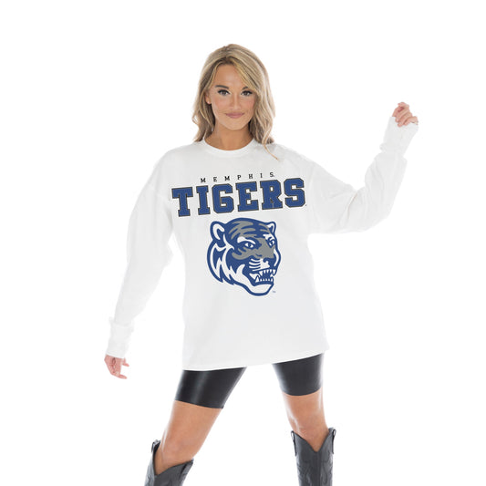 MEMPHIS TIGERS BIG GOALS OVERSIZED MIDWEIGHT LONG SLEEVE TEE WITH RIBBED NECKLINE AND CUFFS