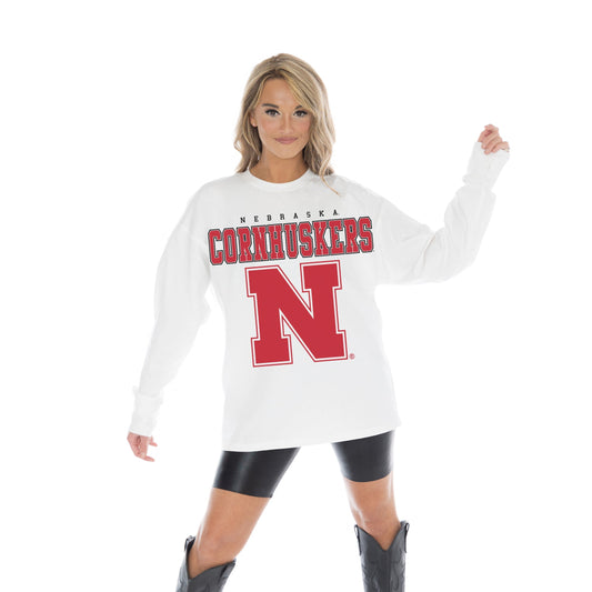 NEBRASKA CORNHUSKERS BIG GOALS OVERSIZED MIDWEIGHT LONG SLEEVE TEE WITH RIBBED NECKLINE AND CUFFS