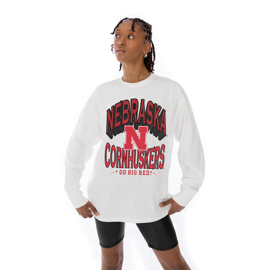 NEBRASKA CORNHUSKERS TIME OUT OVERSIZED MIDWEIGHT LONG SLEEVE TEE WITH RIBBED NECKLINE AND CUFFS