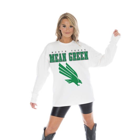 NORTH TEXAS MEAN GREEN BIG GOALS OVERSIZED MIDWEIGHT LONG SLEEVE TEE WITH RIBBED NECKLINE AND CUFFS