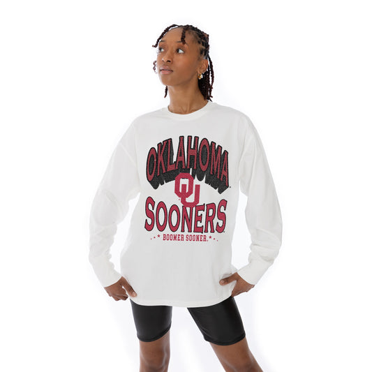 OKLAHOMA SOONERS TIME OUT OVERSIZED MIDWEIGHT LONG SLEEVE TEE WITH RIBBED NECKLINE AND CUFFS