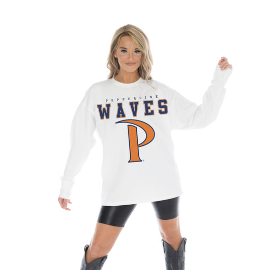 PEPPERDINE WAVES BIG GOALS OVERSIZED MIDWEIGHT LONG SLEEVE TEE WITH RIBBED NECKLINE AND CUFFS