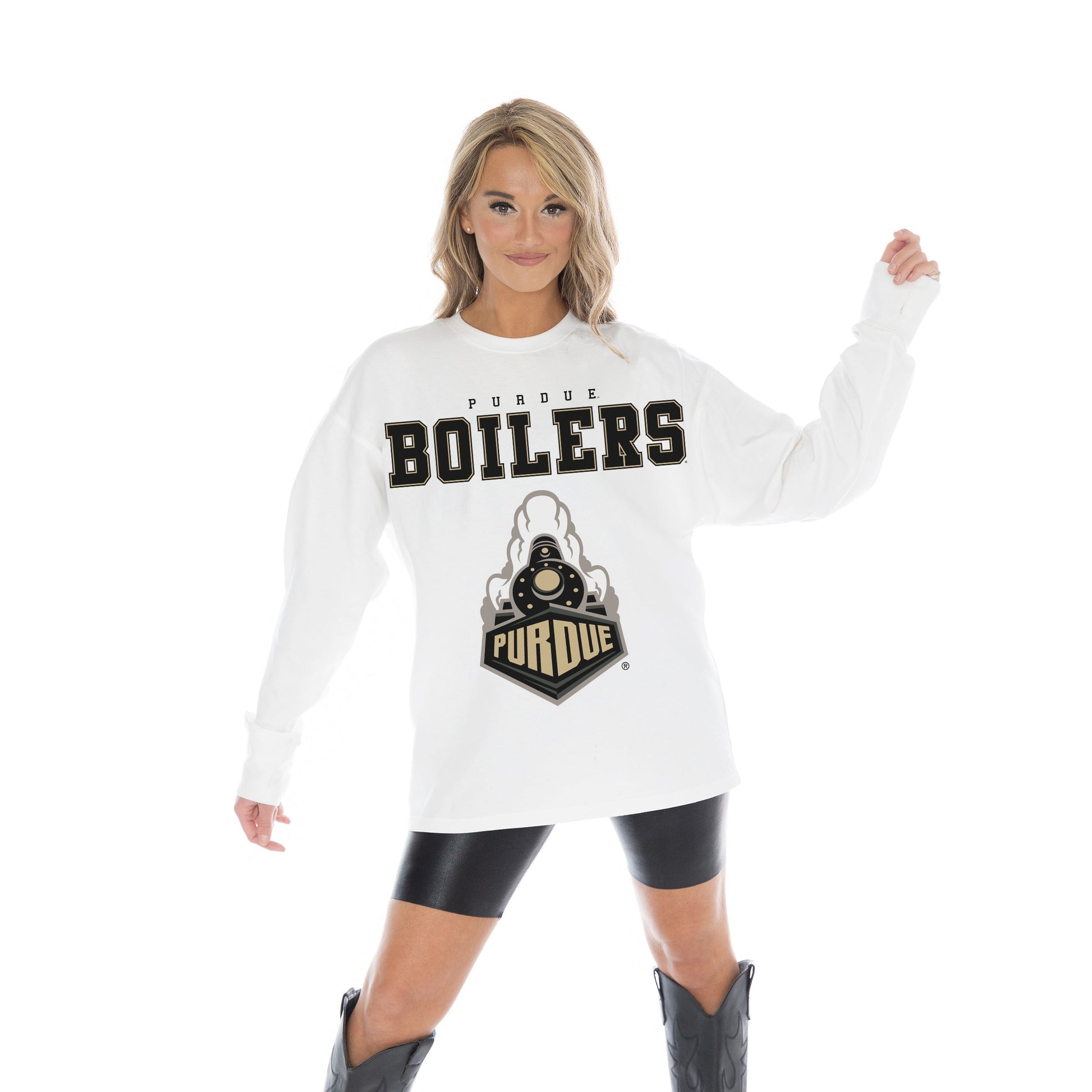 PURDUE BOILERMAKERS BIG GOALS OVERSIZED MIDWEIGHT LONG SLEEVE TEE WITH RIBBED NECKLINE AND CUFFS