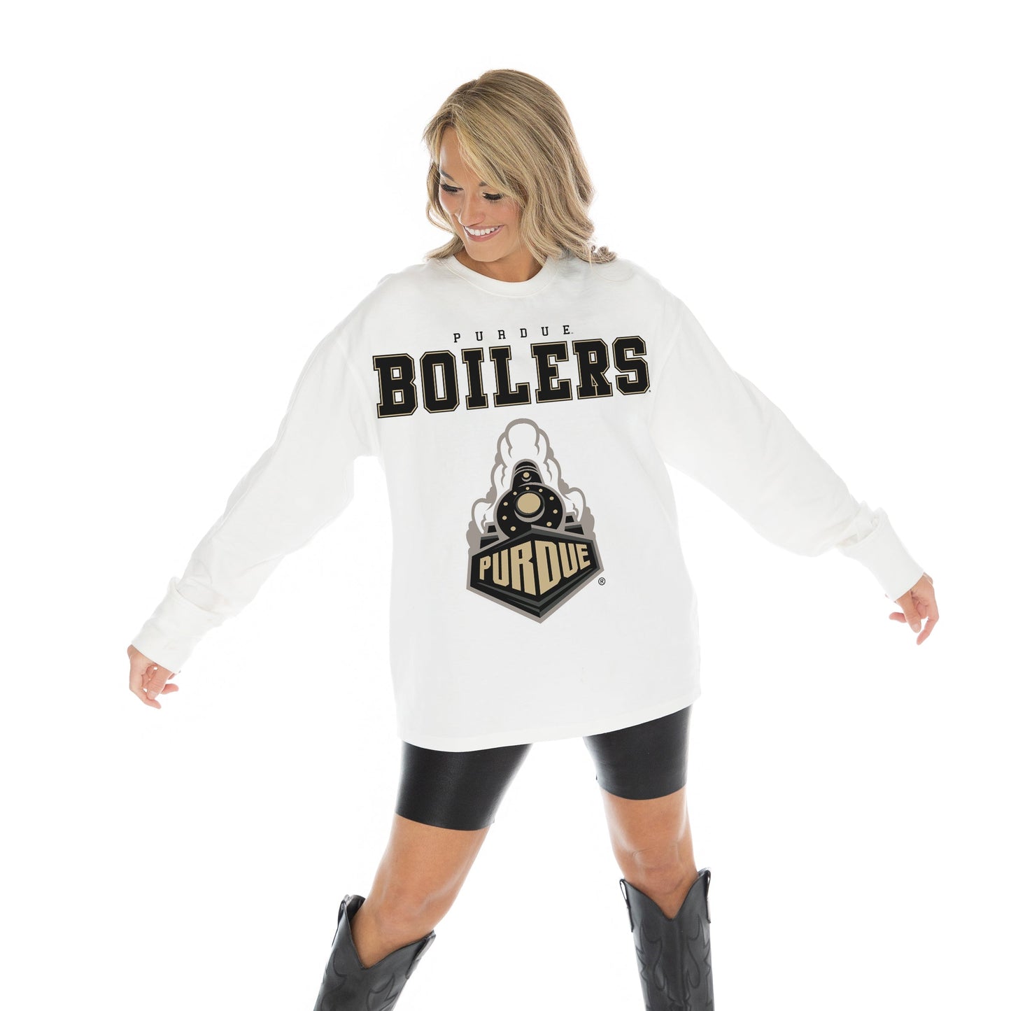 PURDUE BOILERMAKERS BIG GOALS OVERSIZED MIDWEIGHT LONG SLEEVE TEE WITH RIBBED NECKLINE AND CUFFS