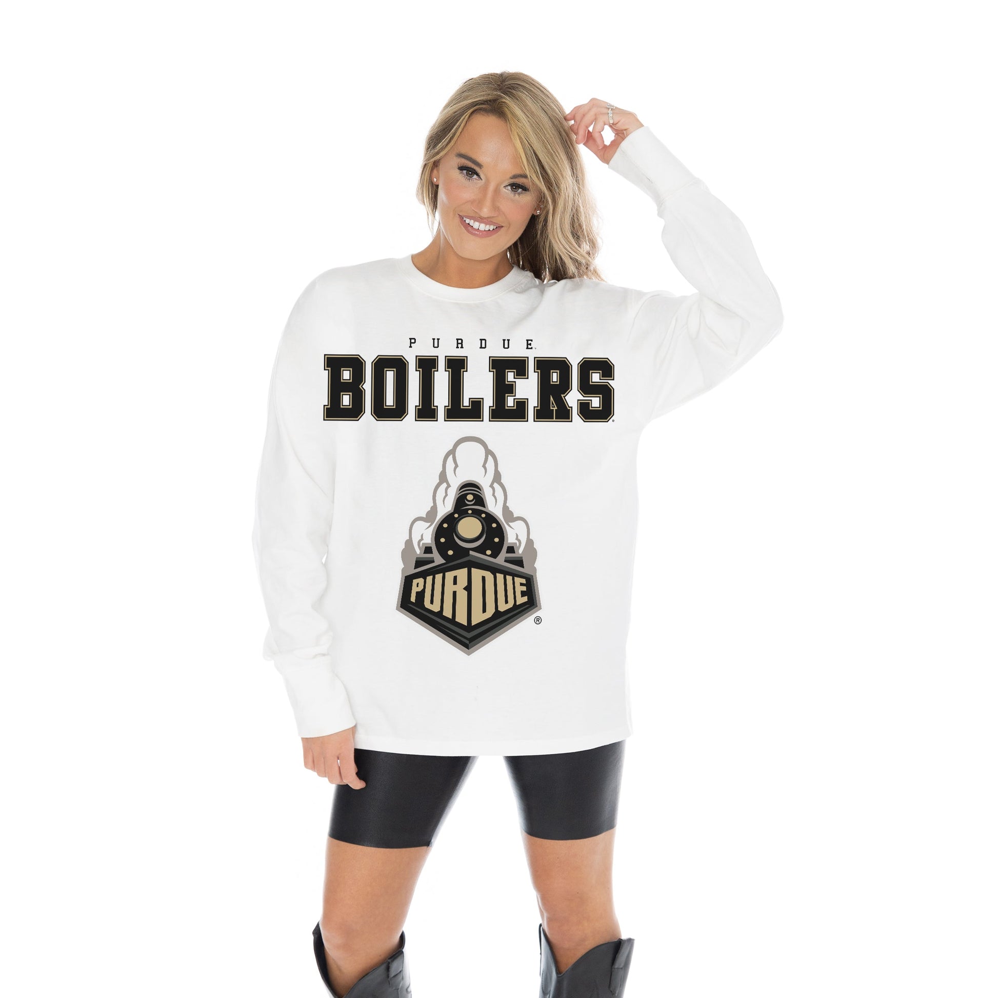 PURDUE BOILERMAKERS BIG GOALS OVERSIZED MIDWEIGHT LONG SLEEVE TEE WITH RIBBED NECKLINE AND CUFFS