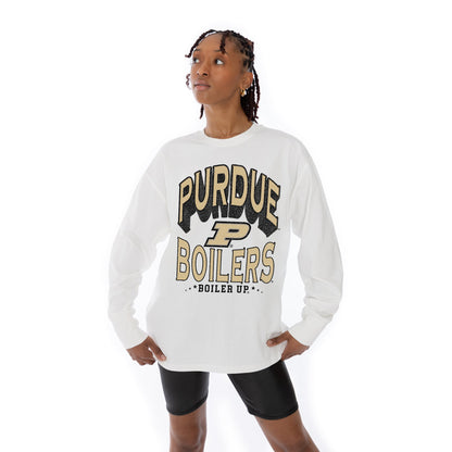 PURDUE BOILERMAKERS TIME OUT OVERSIZED MIDWEIGHT LONG SLEEVE TEE WITH RIBBED NECKLINE AND CUFFS