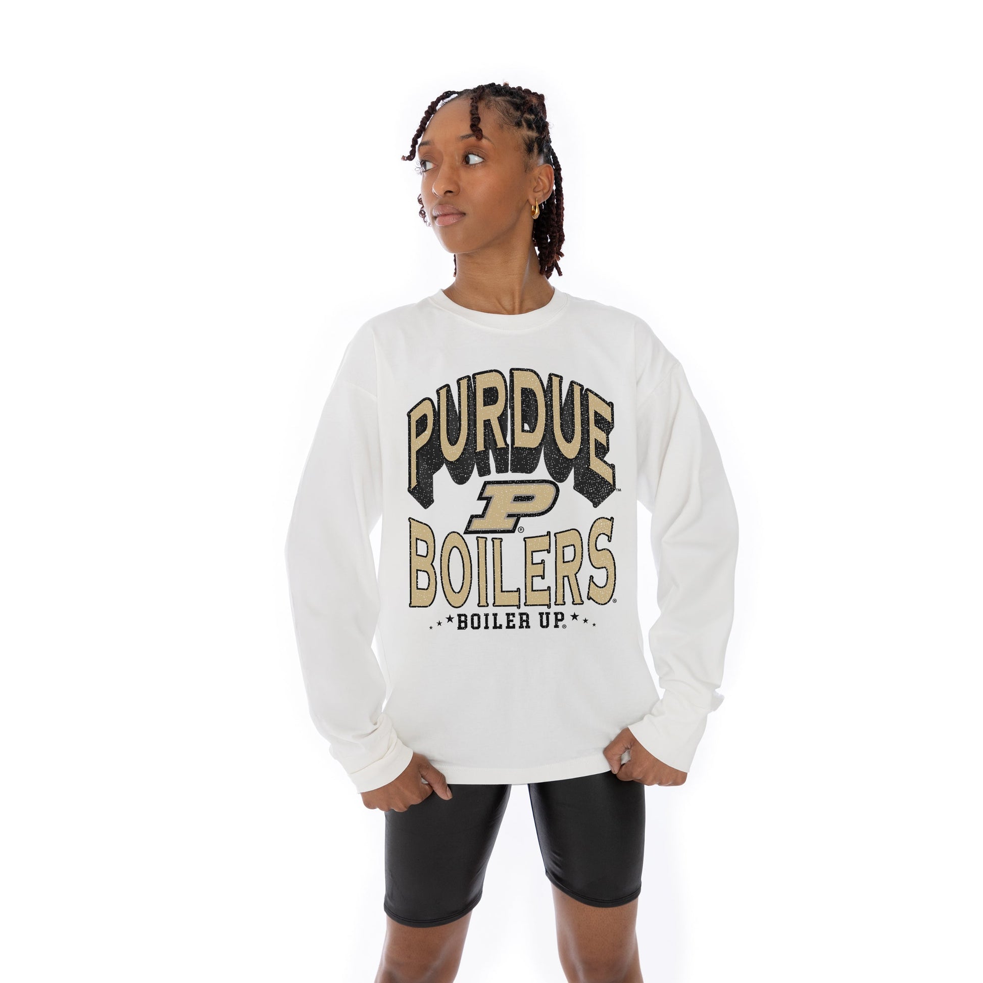 PURDUE BOILERMAKERS TIME OUT OVERSIZED MIDWEIGHT LONG SLEEVE TEE WITH RIBBED NECKLINE AND CUFFS