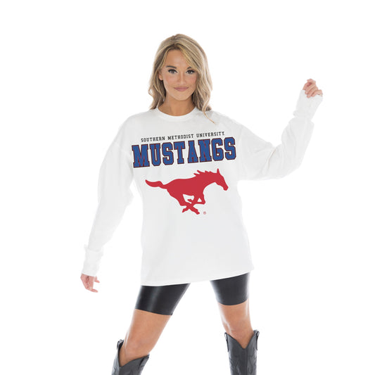 SMU MUSTANGS BIG GOALS OVERSIZED MIDWEIGHT LONG SLEEVE TEE WITH RIBBED NECKLINE AND CUFFS