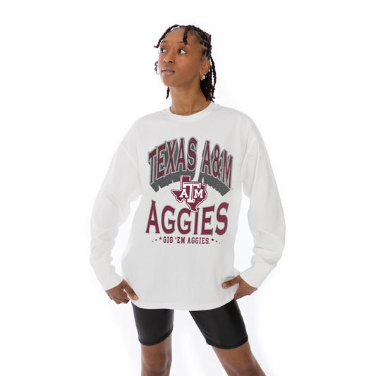 TEXAS A&M AGGIES TIME OUT OVERSIZED MIDWEIGHT LONG SLEEVE TEE WITH RIBBED NECKLINE AND CUFFS