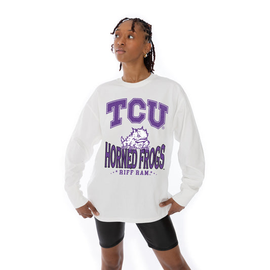 TCU HORNED FROGS TIME OUT OVERSIZED MIDWEIGHT LONG SLEEVE TEE WITH RIBBED NECKLINE AND CUFFS