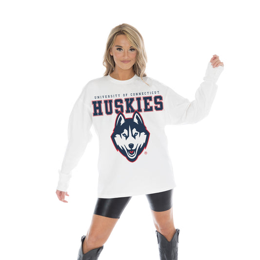 UCONN HUSKIES BIG GOALS OVERSIZED MIDWEIGHT LONG SLEEVE TEE WITH RIBBED NECKLINE AND CUFFS