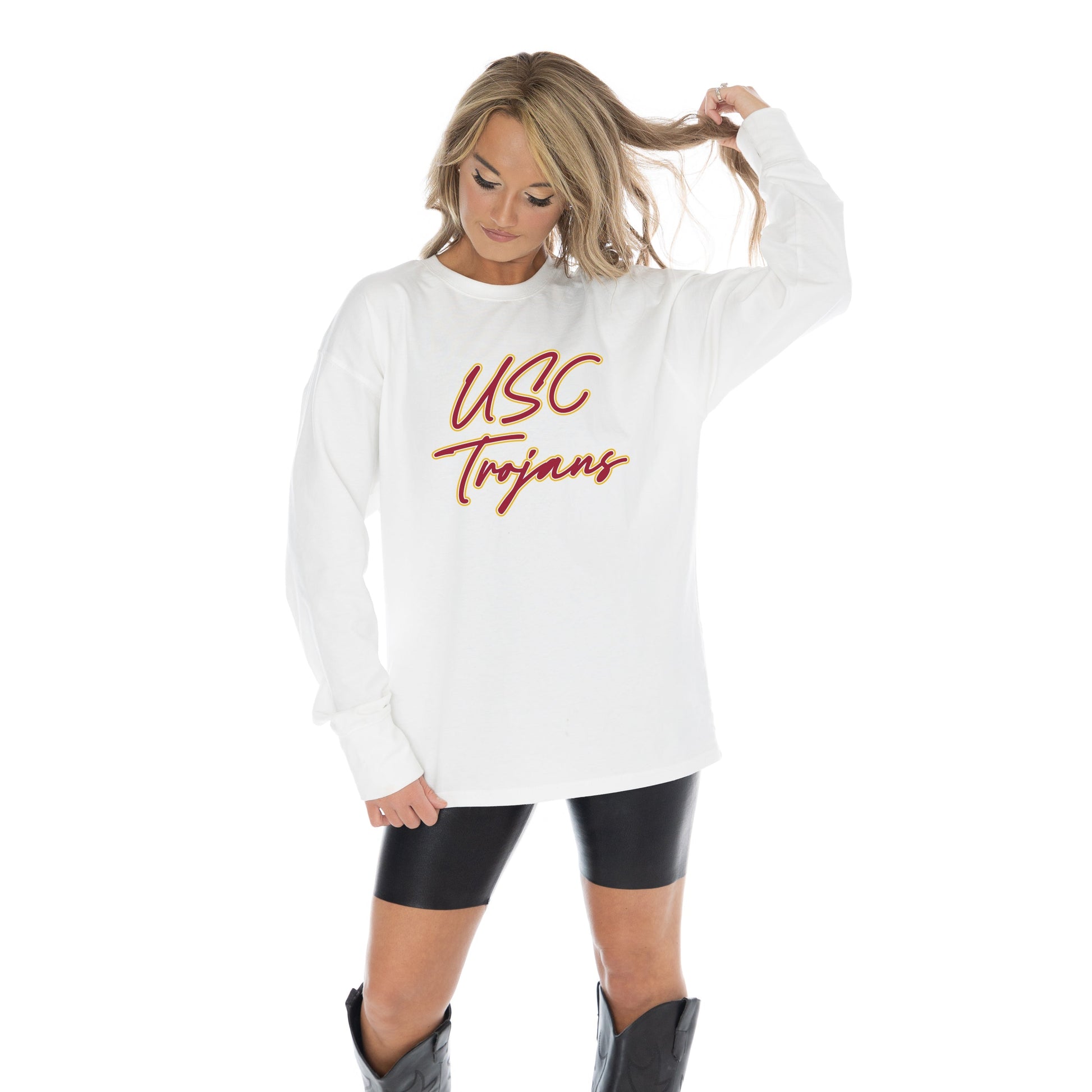 USC TROJANS CLASSIC COMEBACK OVERSIZED MIDWEIGHT LONG SLEEVE TEE WITH RIBBED NECKLINE AND CUFFS