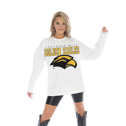 SOUTHERN MISS GOLDEN EAGLES BIG GOALS OVERSIZED MIDWEIGHT LONG SLEEVE TEE WITH RIBBED NECKLINE AND CUFFS