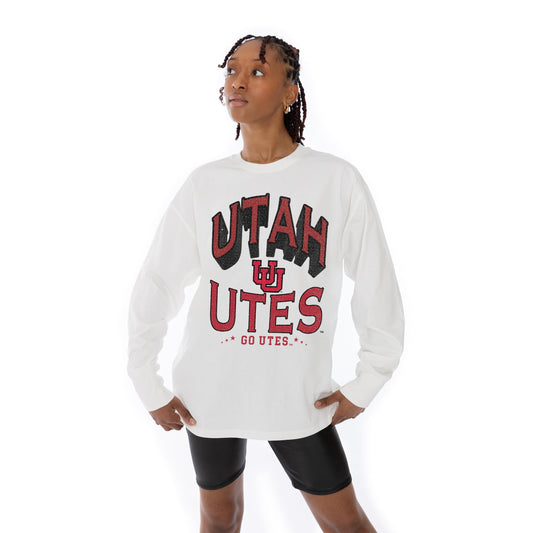UTAH UTES TIME OUT OVERSIZED MIDWEIGHT LONG SLEEVE TEE WITH RIBBED NECKLINE AND CUFFS