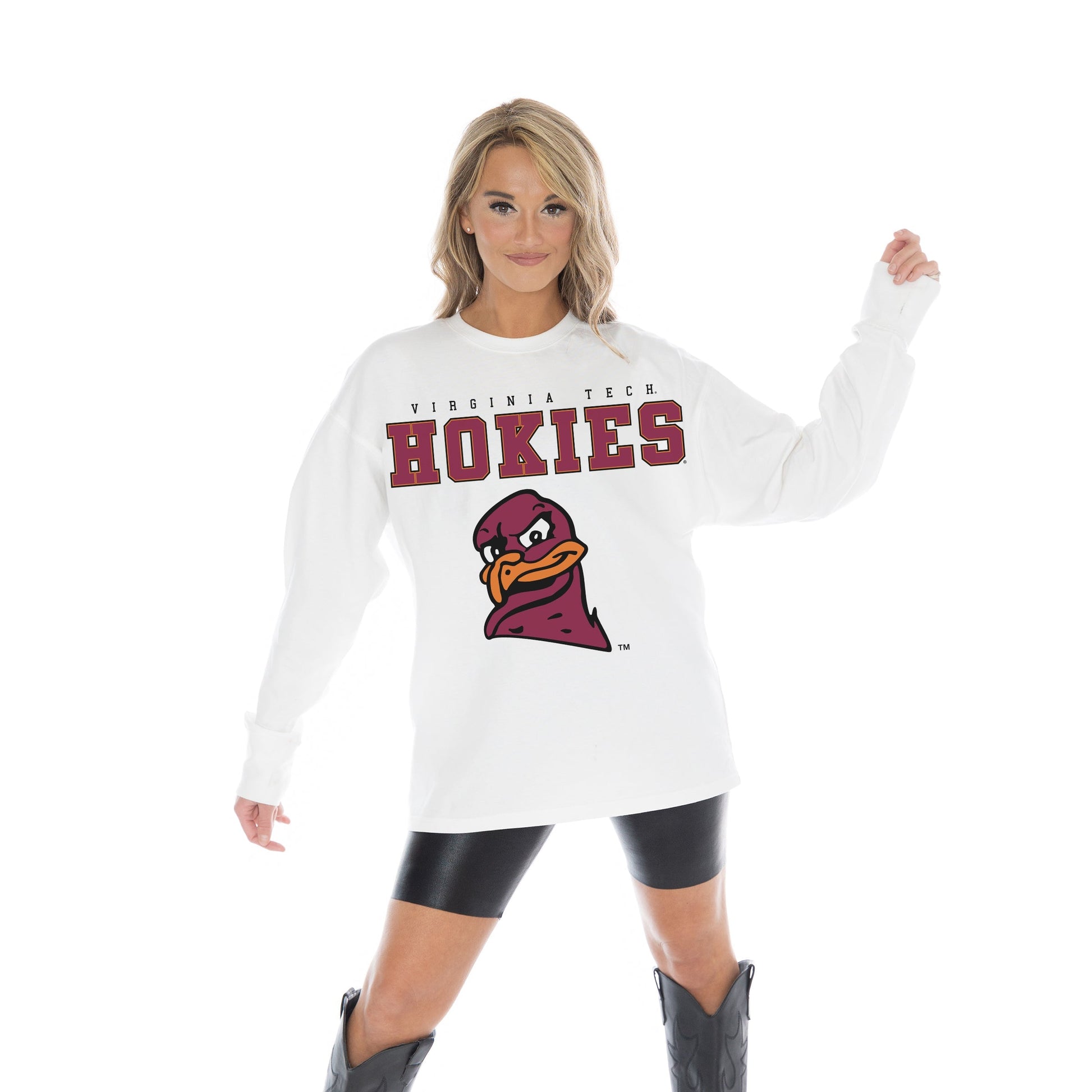 VIRGINIA TECH HOKIES BIG GOALS OVERSIZED MIDWEIGHT LONG SLEEVE TEE WITH RIBBED NECKLINE AND CUFFS