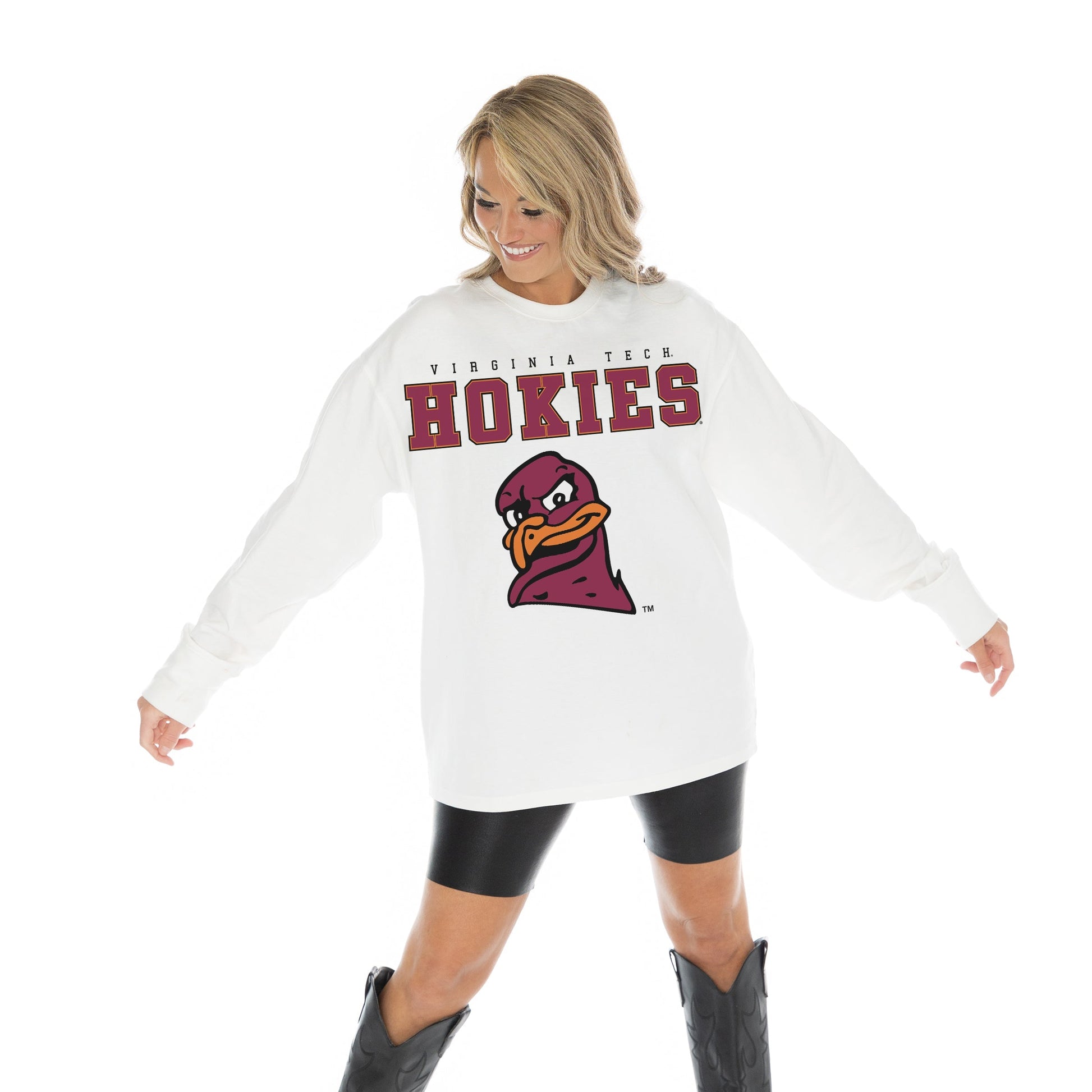VIRGINIA TECH HOKIES BIG GOALS OVERSIZED MIDWEIGHT LONG SLEEVE TEE WITH RIBBED NECKLINE AND CUFFS
