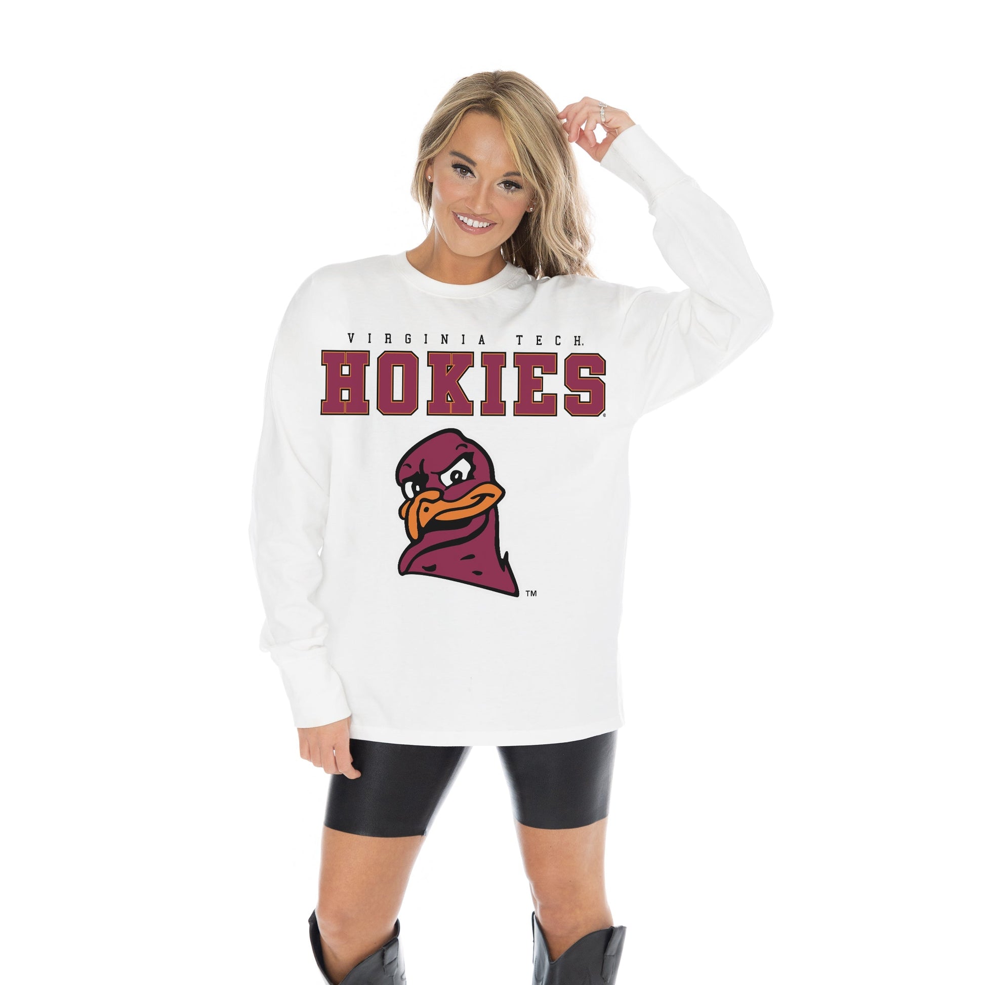 VIRGINIA TECH HOKIES BIG GOALS OVERSIZED MIDWEIGHT LONG SLEEVE TEE WITH RIBBED NECKLINE AND CUFFS