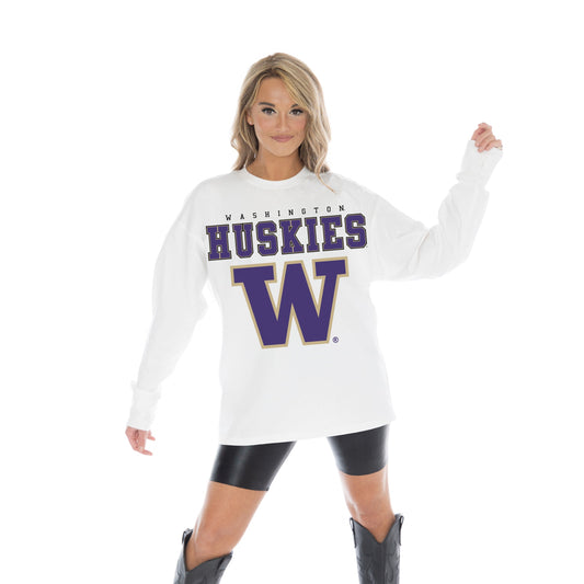 WASHINGTON HUSKIES BIG GOALS OVERSIZED MIDWEIGHT LONG SLEEVE TEE WITH RIBBED NECKLINE AND CUFFS